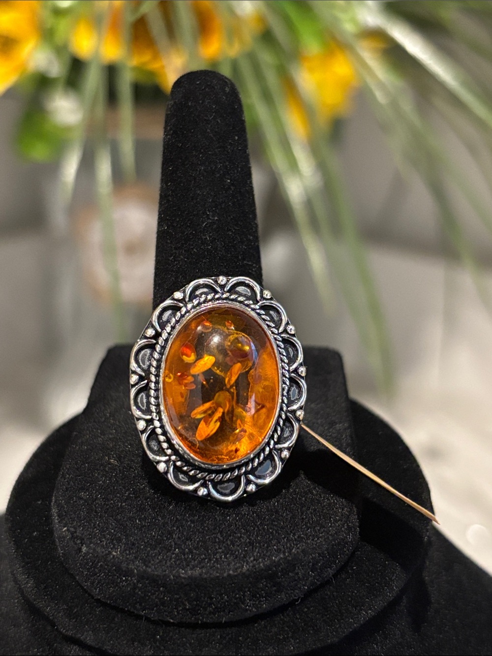 Sterling Silver Amber Oval Gemstone Statement Ring Size 9